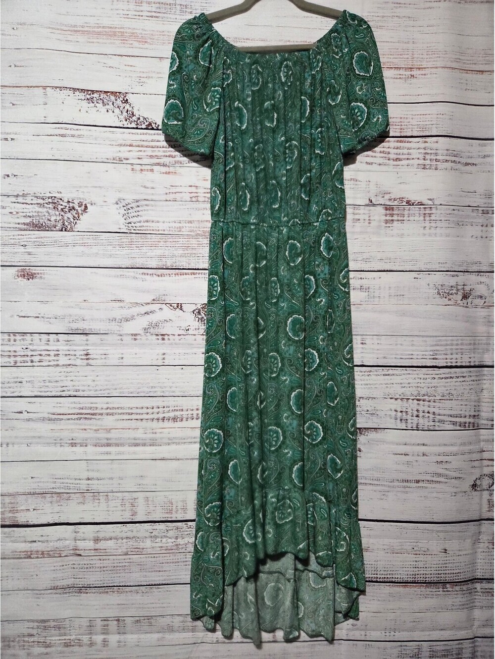 Unknown Brand 2X Green Paisley Puff Sleeve Maxi Dress